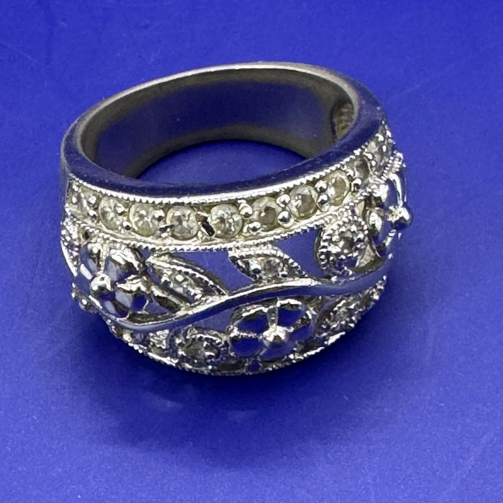 925 FAS Sterling Silver Ornate Floral Filagree Wide Band Ring CZ Size 6.5